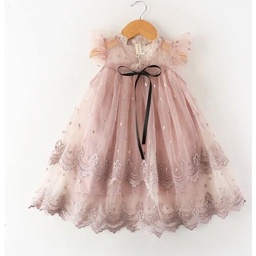 Girls Lace Trim Ribbon Embroidered Dress Kids princess petal sleeve mesh dresses party wedding cute clothes for children