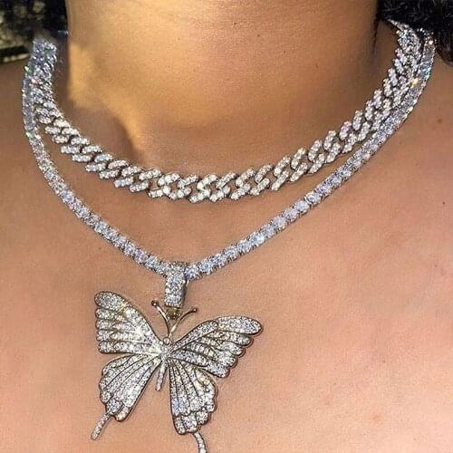 Hot Sale Jewelry New Cuban Necklace Double-layer Large Butterfly Necklace Personality Full Crystal Thick Neck Chain Accessories