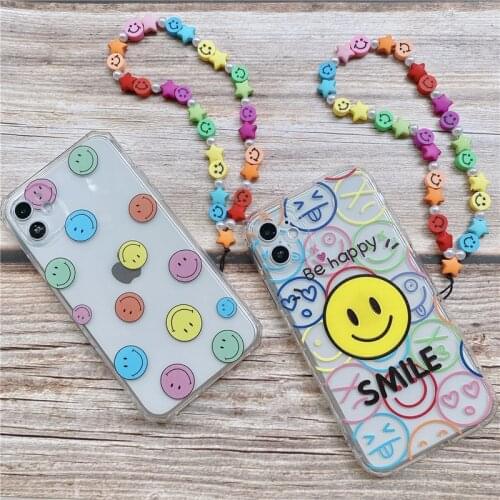 Cute Wave Point Smile Face Case for iPhone 11 12 Pro Max 8 7 Plus Xs max XR With Phone Chain Strap Beads Hanging Cord Lanyard