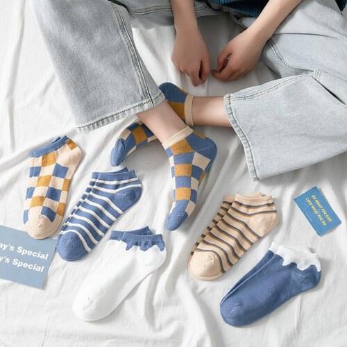 5 Pairs Women Socks Breathable Sports Socks Solid Color Boat Socks Fashion Casual Cotton Ankle Socks Stripes Short