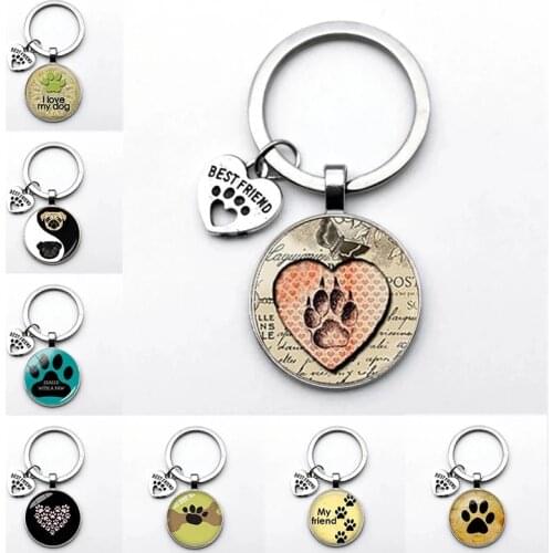Very Stylish And Cute Animal Paw Print Keychain, Suitable For Cats And Dogs, I Love Glass Pendant Mini Heart-Shaped Keyring, Uni