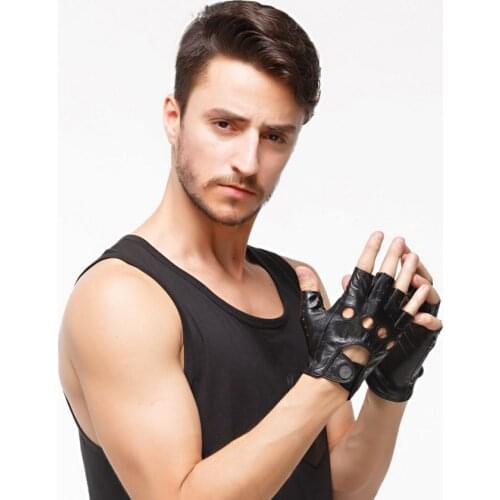 Men Genuine Sheepskin Leather Gloves Half Finger Cool Holes Button Closure Driving Gloves Fingerless Sports Motor Gloves AGD017