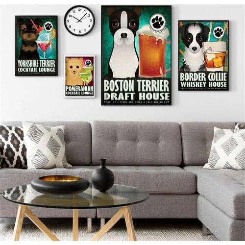 Drop shipping Wall Art Retro Dogs Drink Beer Dog Dachshund Painting Cute Poster Quote Home Decoration