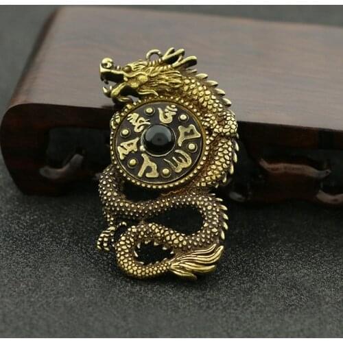 Retro Brass Six-character Mantra Transfer Zhulong Tag Home Decoration Car Fun Pendant Entity Pure Copper Handicraft Hand Piece