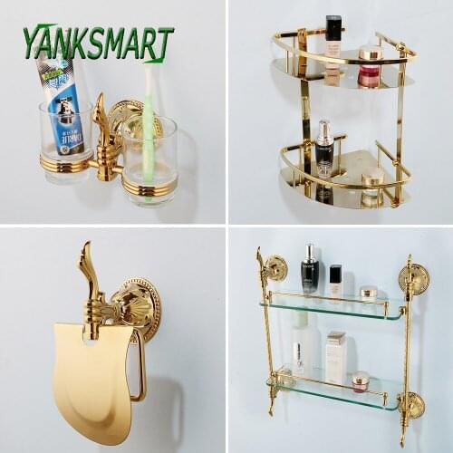 YANKSMART Luxury Gold Polished Bathroom Solid Brass Toothbrush Holder & Shelf Toilet Paper Holder Bath Accessories Hardware Sets