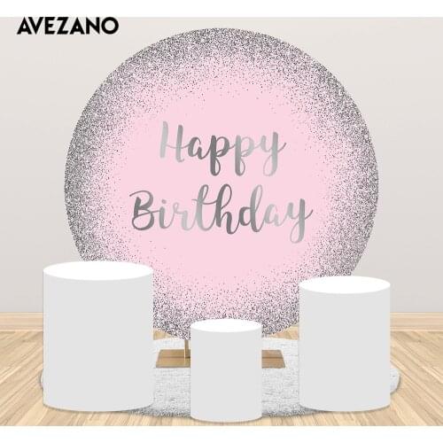 Pink Sliver Glitter Birthday Backdrop Happy Birthday Round Background for Birthday Party Decoration Circle Cover Pink Background