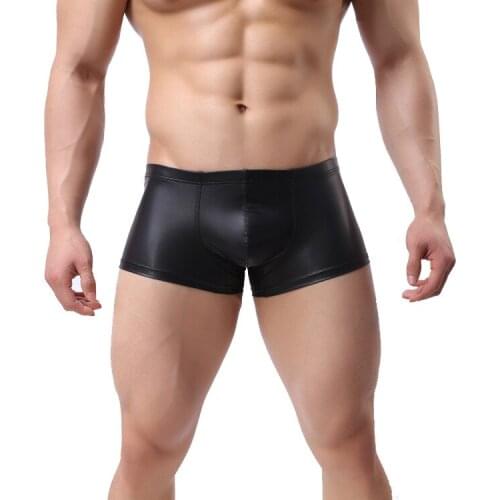 Sexy Men Underwear Boxers Shorts Faux Leather Low Waist U Convex Pouch Underpants Cueca masculina ropa interior hombre M-XXL