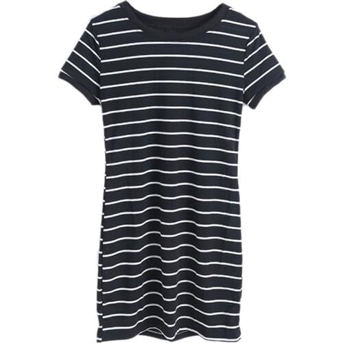 Womens Short Sleeve Striped Party Crew Neck Bodycon Summer Beach T-shirt Dress F05