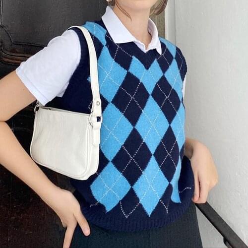 SEASONS Vintage Argyle Plaid Knitted School Sweaters Vest Autumn Preppy Style V-neck Sleeveless Knit Tank Tops Blue ASSW81842