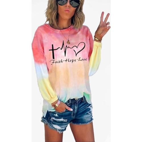 Womens Tie Dye O-Neck Top Long Sleeve T Shirt Fashion Loose Gradient Multicolor Rainbow Home Casual Clothes Faith Hope Love
