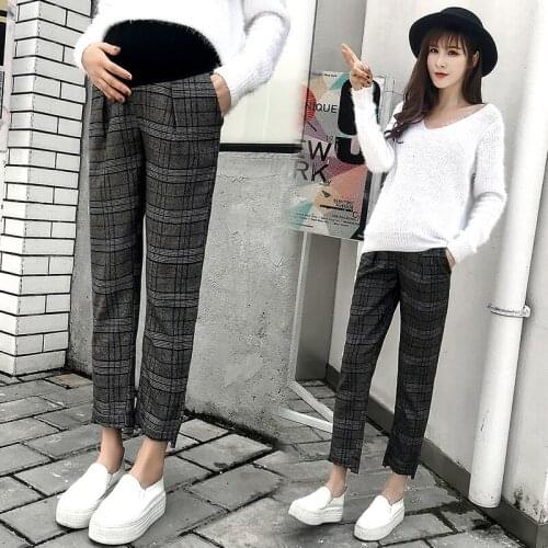 Spring Autumn Wool Casual Maternity Pants Vintage Plaid Pregnant Ankle Length Pants Adjustable Belly Support Nursing Trousers
