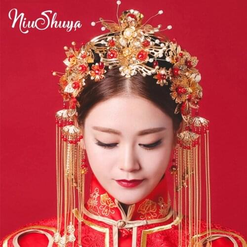 NiuShuya Handmade Long Tassel Vintage Brides Hair Accessories Chinese Classical Wedding Headdress Jewelry Hair Combs Hairwear