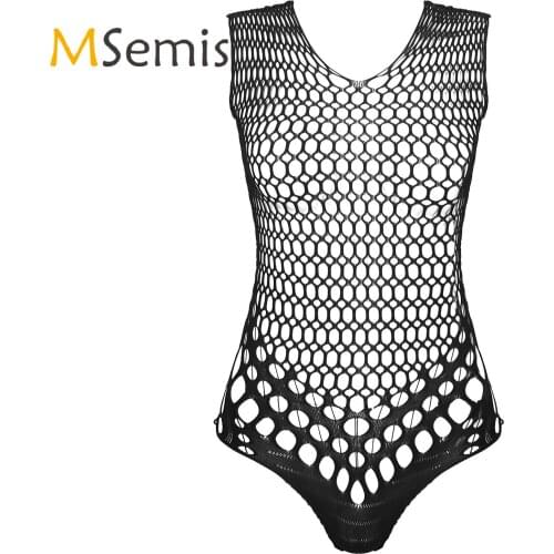 Womens Lingerie See-through Fishnet Bodysuit Ladies Mesh Sleeveless Stretchy Backless Hollow Out Erotic Sexy Leotard Nightwear