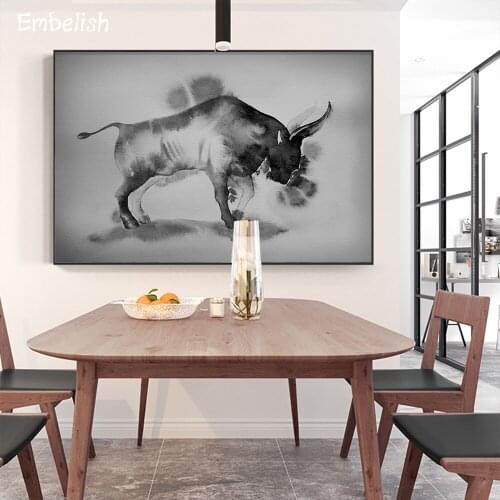 1 Pieces Chinese Ink Watercolor Style Wild Animals Bull Wall Picture For Living Room Home Decor Poster Canvas Paintings