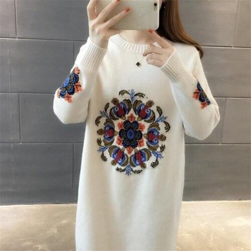 2020 New Spring Autumn Winter Women Knitted Pullovers Sweater Female Long Sleeve Embroidery Sweater Dress