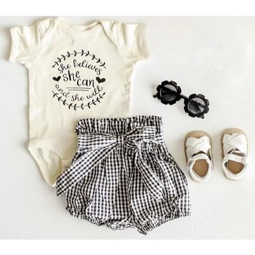 2021 0-24M Cute Infant Baby Girl Clothes Summer New Letter Print Short Sleeve Romper+Bow Plaid Shorts+Headband 3pcs Outfits