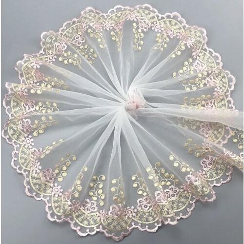 30Yards 22cm Lace Trim Embroidery Golden Pink Net Fabric Mesh Ribbon Tulle Guipure Cord Lace Sewing DIY Doll Cloth High Quality