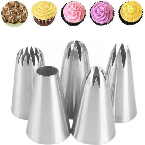 New 5pcs/lot Rose Icing Piping Nozzles Steel Flower Tools Decorating 2 Mouth Nozzles Cream Cake Sizes Silver Pastry F4P0