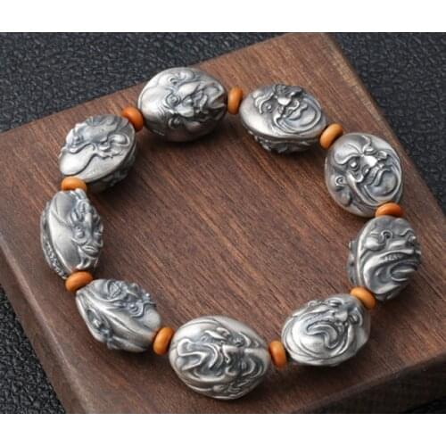 Real 999 Pure Silver Bracelet Link Eighteen Arhats Buddhism Beads Chain A2798