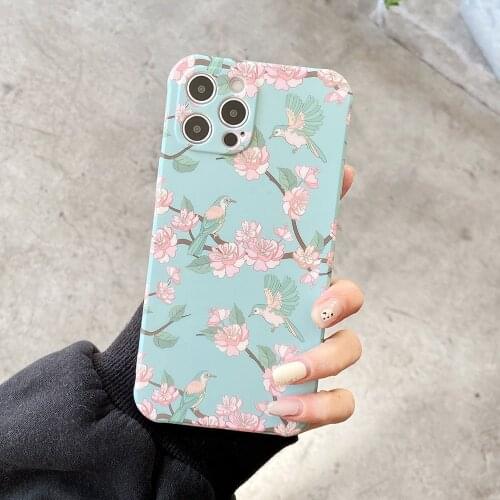Retro Flower Bird Square Phone Case For iPhone 11 12 Pro Max XR XS Max X 7 8 Plus Soft Liquid Silicone Camera Protection Cover