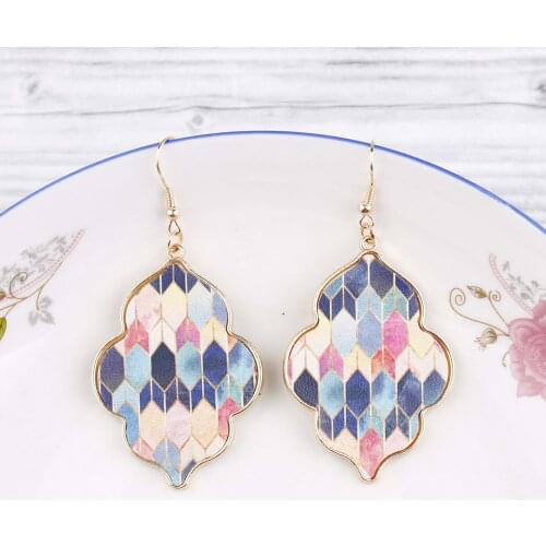 E7197 ZWPON Gold Tone Frame Paisley Print PU Leather Morocco Earrings for Women 2020 New Earrings Jewelry Wholesale