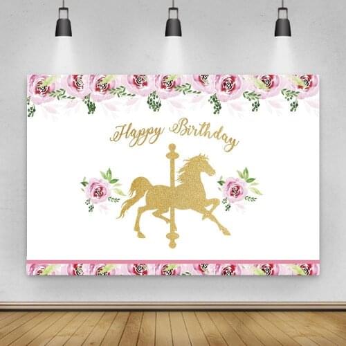 Princess Happy Birthday Background for Party Decoration Golden Horse Pink Flowers Rose Backdrop Dots Girl Birthday Banner Props