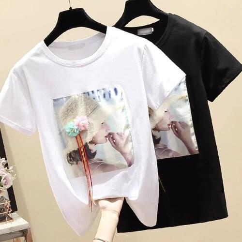 Tee Shirt Short Sleeve T shirt Women Tops Applique Summer Korean Clothes Woman Tshirts Cotton Y2K New Fashion Ladies Tops 2021