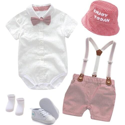 Baby Clothes Summer Boys Hat Suits New born Gentleman Party Costume Soft Cotton Jumpsuit + Shorts Baptism Dress Newborn Gift Set