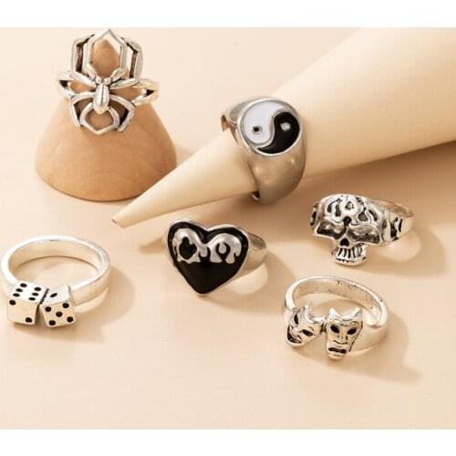 Punk Spider Yinyang Taichi Skull Rings Set Fashion Dice Rings for Women Men Gothic Party Jewelry Accessories
