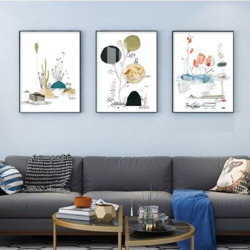 Colorful Nordic Landscape Abstract Plant Leaves House Kettle Canvas Painting Wall Picture Printing Poster Living Room Decoration