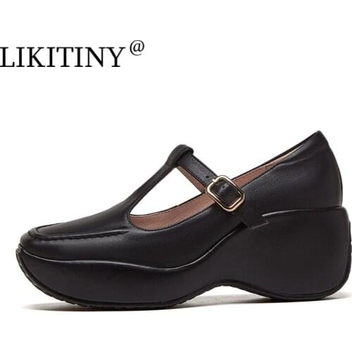 LIKITINY 2021 Fashion Spring Autumn platform Wedges Women‘s shoes Leisure Comfortable Buckles strap Genuine leather Black Pumps