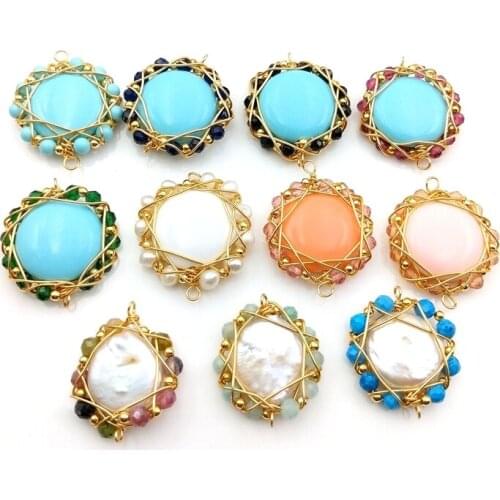 Natural pearl gems stone pendant Wire Wrapped connector paved with multi stone for necklace bracelets jewelry DIY jewelry