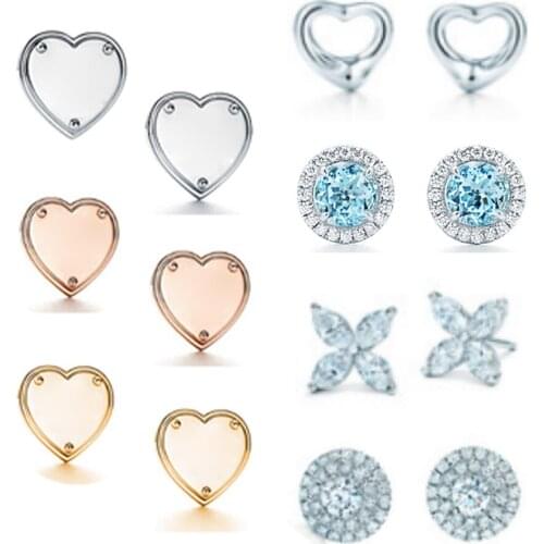 NEW Gift 925 Silver Heart Shape Stud Earring Round Clover Stud Tif Earrings Rose Gold 18K Gold Jewelry Match World Jewelry