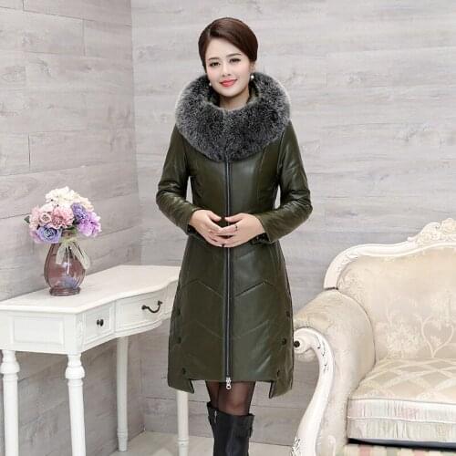 Winter Women Imitation Sheepskin Leather Down Jacket Parkas 2021 Fox Fur Collar Hooded Coat Female Plus Size 7XL Warm Long Coats