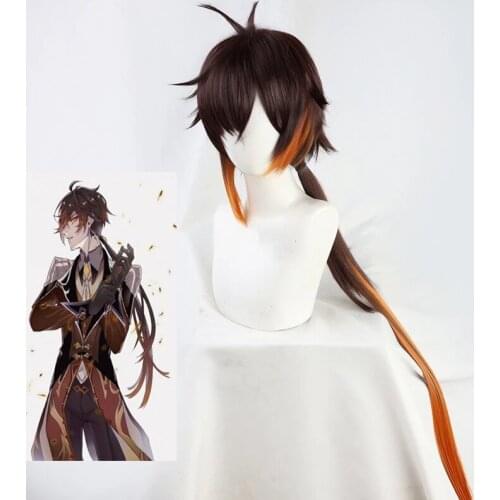 Game Genshin Impact Zhongli Cosplay 90cm Long Brown Orange Wig Anime Cosplay Wig Halloween Party Cosplay Costume