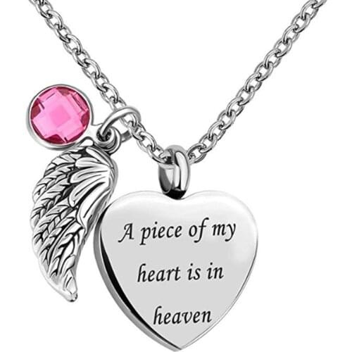 Angel Wing Charm Heart Love 12 Colors Crystal Urn Necklace for Ashes Cremation Jewelry Pendant-A Piece of My Heart is in Heaven