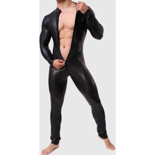 Sexy Mens One-Piece Skinny Underwear Zipper Piece Suit Leather Bodybuilding Suit Bodysuits Men Undershirt Gay Club Clothing
