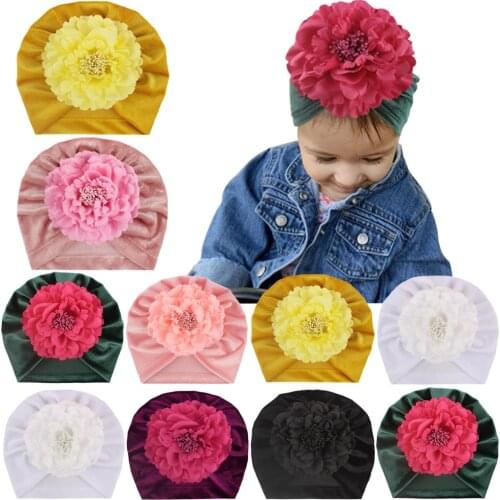 Cute Big Peony Flower Newborn Toddler Kids Baby Girl Turban Gold Velvet Beanie Hat Knitted Cap Knot Hospital Caps Headwear
