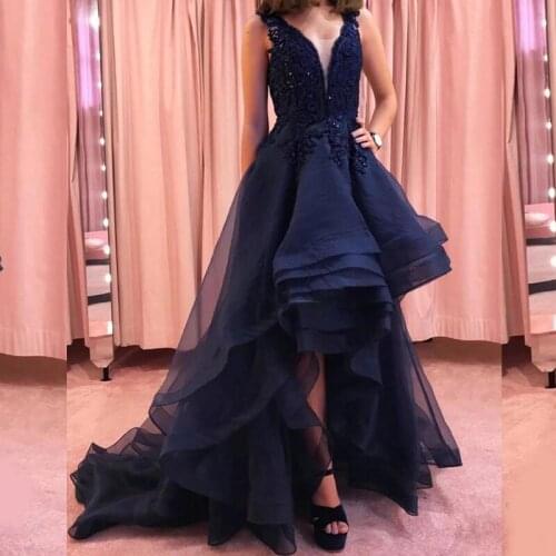 Moest Design Tulle Tiered Evening Dresses V Neck High Low Sweep Train Formal Beading Party Gowns Custom Made Special Occasion