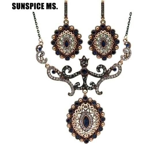 Vintage Turkish Bride Flower Jewelry Sets Women Resin Hook Dangle Earrings Lace Necklace Oval Pendant Antique Gold Color Bijoux