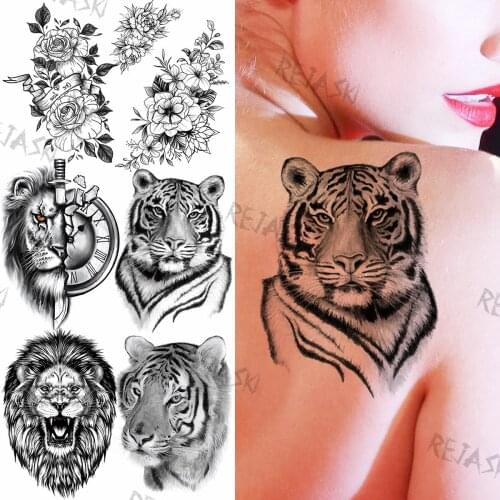 Large Tiger Transfer Temporary Tattoos For Women Men Lion Knife Compass Rose Fake Tattoo Sticker Chest Tatoos Back Thigh