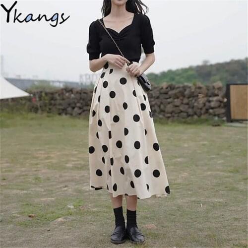 Women Polka Dot A-Line Skirt New Summer Soft Elastic High Waist Elegant Lady Skirt Office Ladies Casual Female Skirt Black White