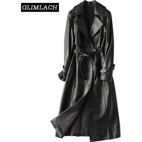 Office Lady Genuine Leather Long Jacket Luxury Brand Sheepskin Real Sheep Leather Belt Coats Windbreaker Autumn Trench Overcoat