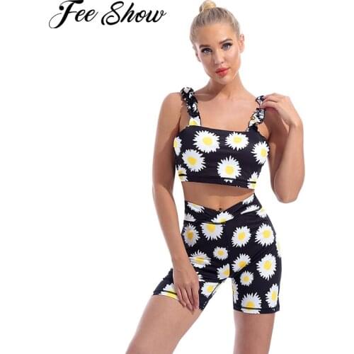 2 Piece Yoga Sets Women Seamless Sport Suit Tracksuit Sleeveless Ruffle Strap Top with High Waist Shorts Outfits Sunflower Print