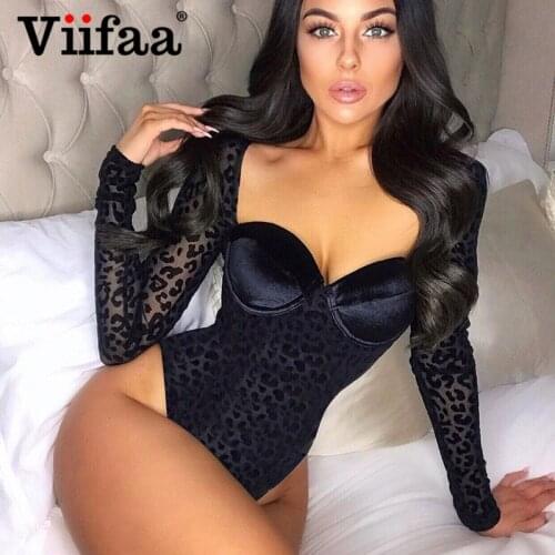 Viifaa Contrast Velvet Body Transparent Leopard Mesh Sexy Bodysuit Women Sweetheart Neck Long Sleeve Party Skinny Bodysuits