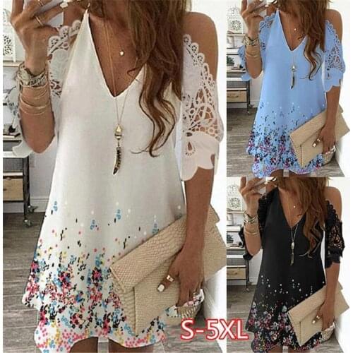 Summer Vintage Floral Printed Dresses Women Casual Off Shoulder Half Sleeves Lace Dress Hollow Out V-Neck Sling Party Dresses