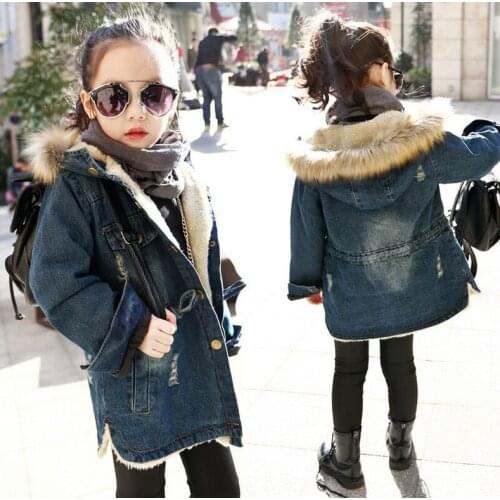 Winter jeans 11 12 year kids clothes baby girls jacket denim coat fur thick boys jacekt children clothing Windbreaker teenager