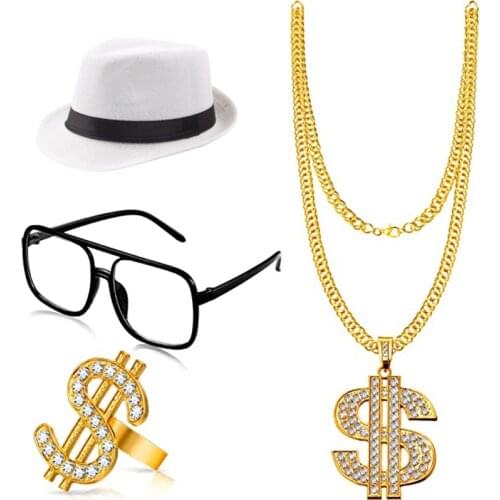 4 Pieces Hip Hop Costume Black White Hat glasses Dollar Sign Gold Chain Ring Hip Hop 80s/90s Rapper Accessories Halloween Party