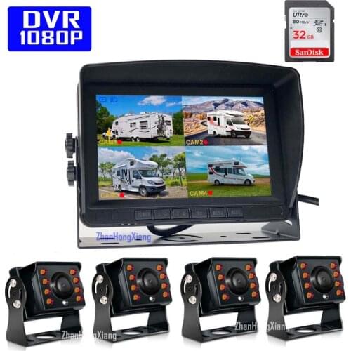 4x HD 1080P 8LED IR 4Pin Reverse Backup 360 Dash Camera Kit + 7" IPS Quad Split Car Rear View SD DVR Monitor System