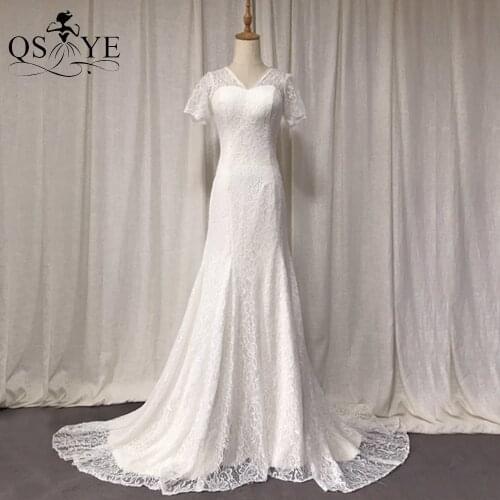 White Mermaid Wedding Dress Lace Bridal Gown Bead Neck Long Bride Dress Short Cap Sleeves Princess Wedding Gown Marriage